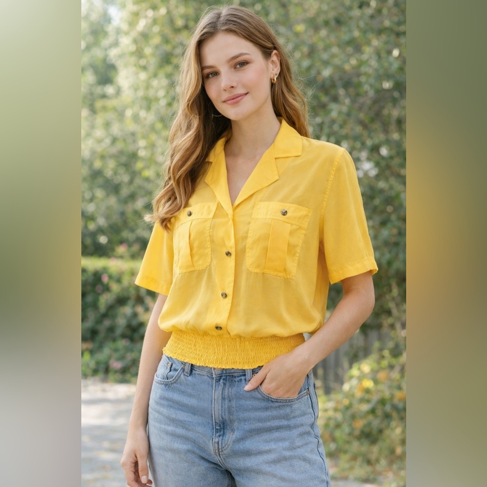 Vintage Claudia Barnes Yellow Smock Waist Blouse Short Sleeve Button Front Sz 10